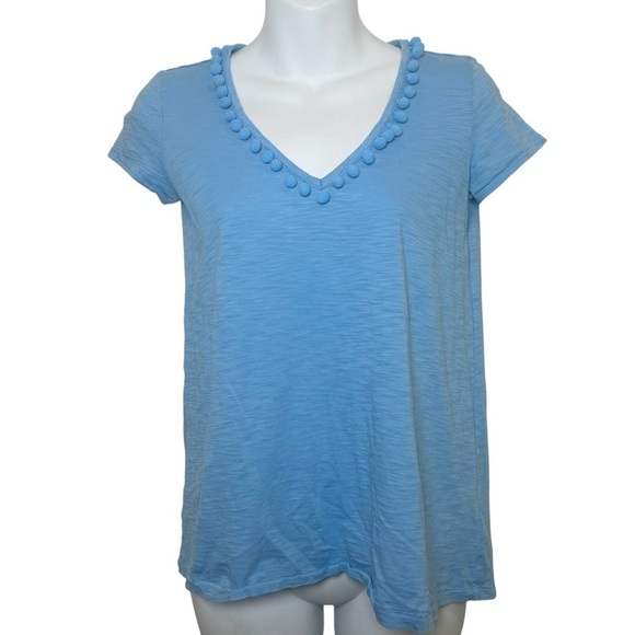 Lilly Pulitzer Etta Pom Pom top Zanzibar blue size XXS Pima cotton v neck shirt - Picture 2 of 9